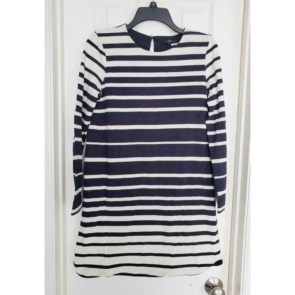 Tibi New York Striped Long Sleeve Shift Dress Navy White Nautical Mini Size M